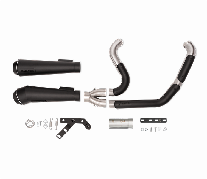 Harley Davidson Softail with Black Duck Fighter and Fighter Pro Black Finish exhausts, product photo, CE approved and lifetime warranty