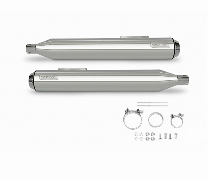 Harley Davidson Touring with Black Duck Tech Bombardier Chrome exhaust, product photo, CE approved and lifetime warranty