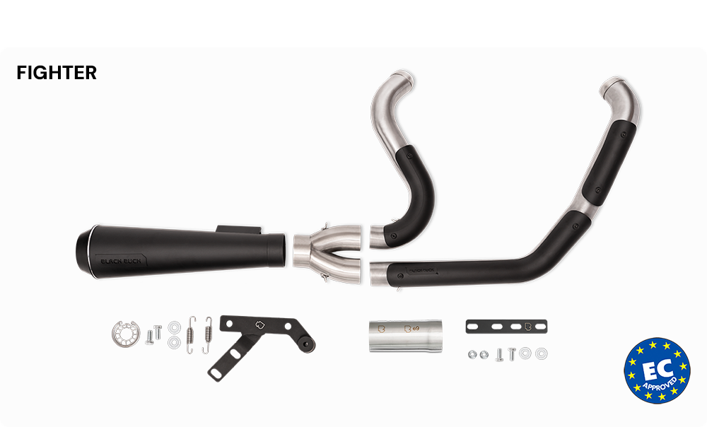 Harley Davidson Softail with Black Duck Fighter exhaust, product photo, CE approved and lifetime warranty