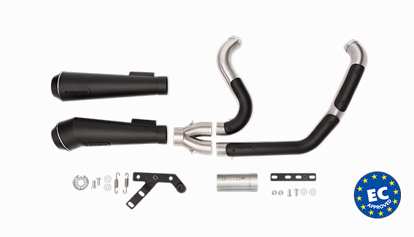 Harley Davidson Softail with Black Duck Fighter and Fighter Pro Black Finish exhausts, product photo, CE approved and lifetime warranty