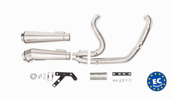 Harley Davidson Softail with Black Duck Fighter and Fighter Pro Raw Finish exhausts, product photo, CE approved and lifetime warranty