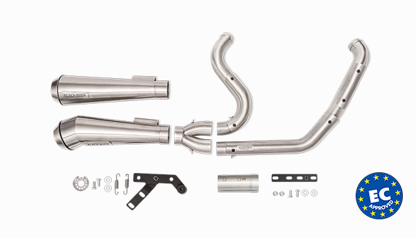 Harley Davidson Softail with Black Duck Fighter and Fighter Pro Raw Finish exhausts, product photo, CE approved and lifetime warranty