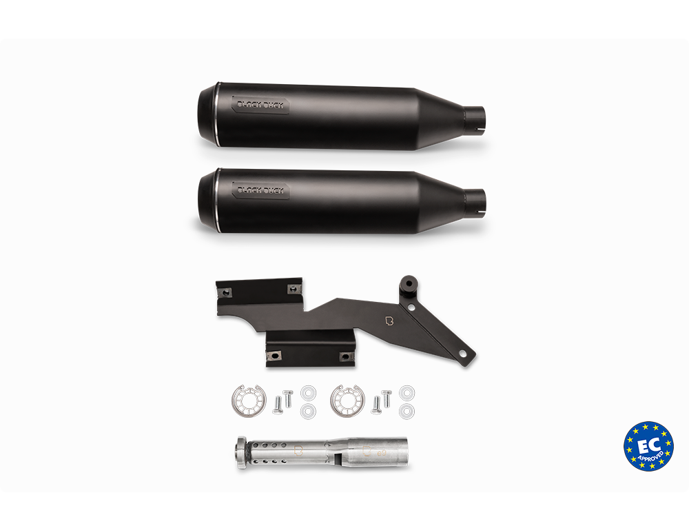 Harley Davidson Softail with Black Duck Tech Bombardier Black exhaust, product photo, CE approved and lifetime warranty