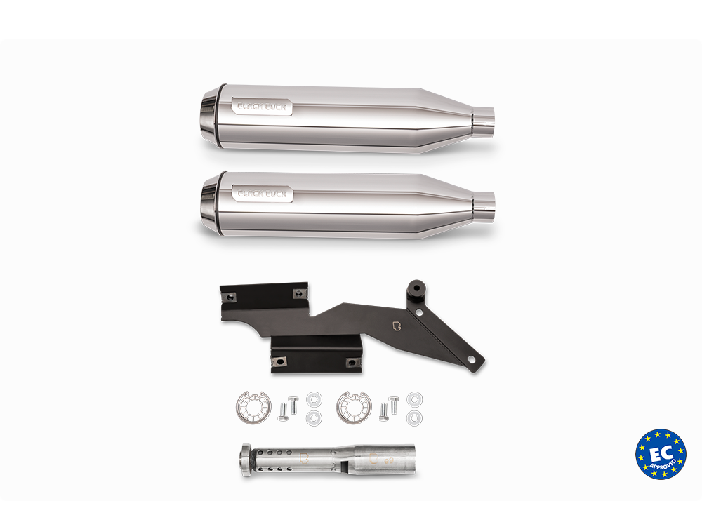 Harley Davidson Softail with Black Duck Tech Bombardier Chrome exhaust, product photo, CE approved and lifetime warranty