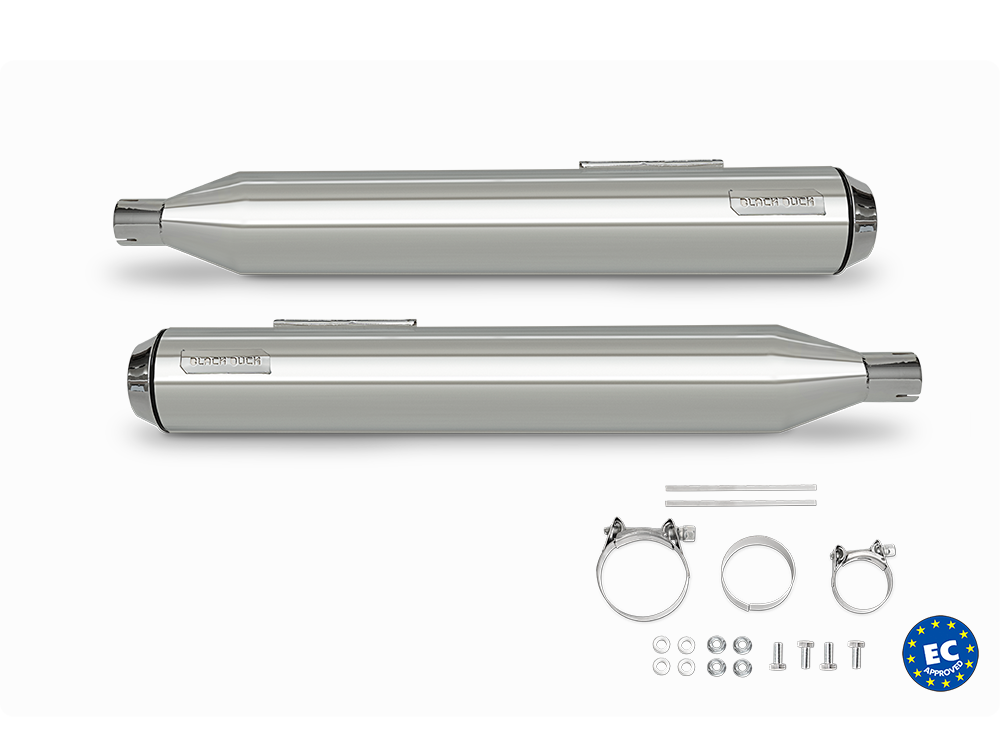 Harley Davidson Touring with Black Duck Tech Bombardier Chrome exhaust, product photo, CE approved and lifetime warranty
