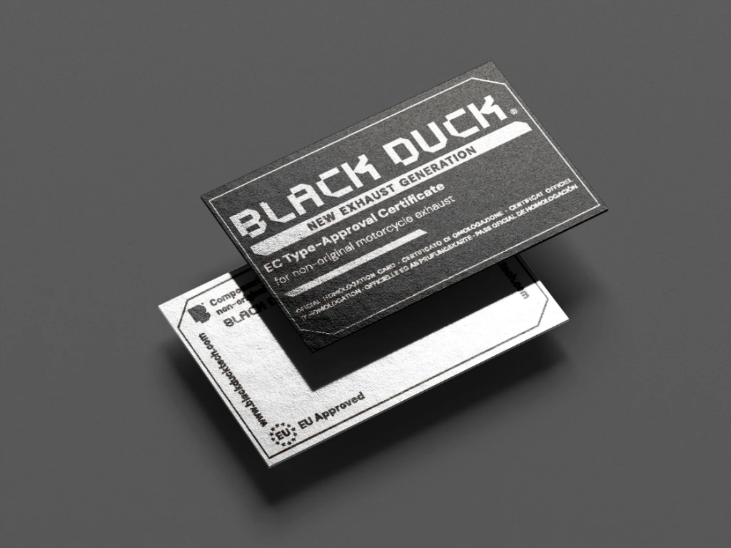 Customized homologation registration card for Black Duck Tech exhausts