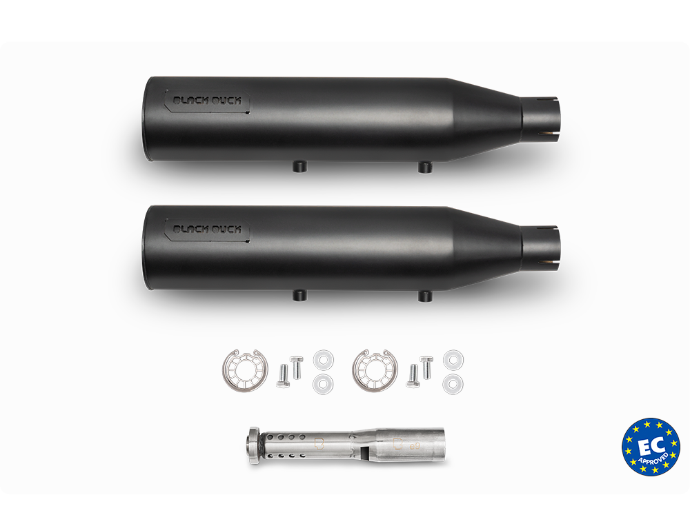 Harley Davidson Sportster with Black Duck Tech Raidrunner Black exhaust, product photo, CE approved and lifetime warranty