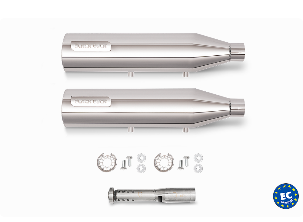 Harley Davidson Sportster with Black Duck Tech Raidrunner Chrome exhaust, product photo, CE approved and lifetime warranty