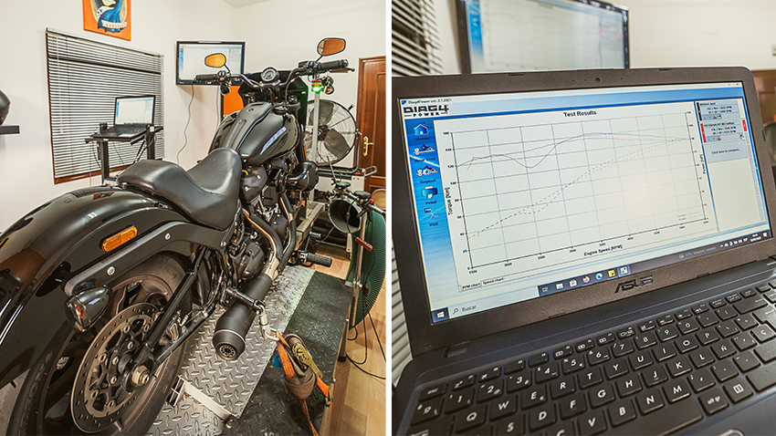 Escapes y estilos de customización Harley-Davidson en banco de pruebas.