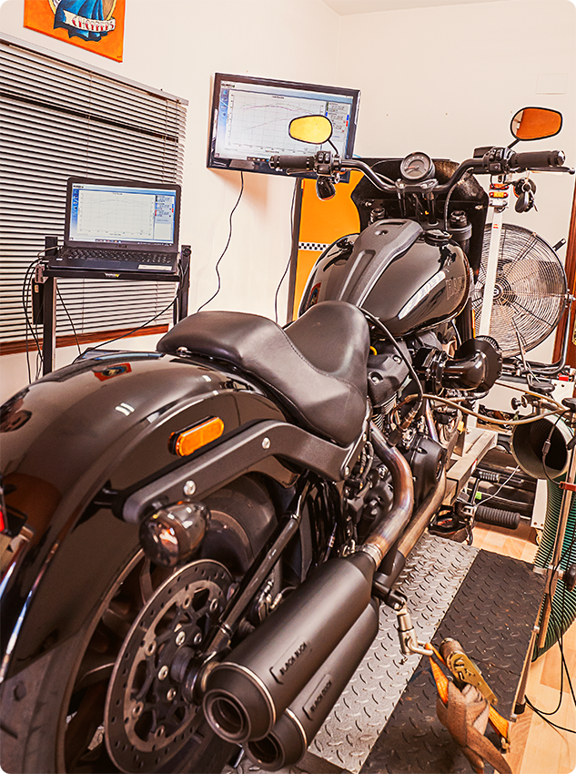 Harley Davidson Softail on test bench with Black Duck Bombardier exhausts, CE approved and lifetime warranty