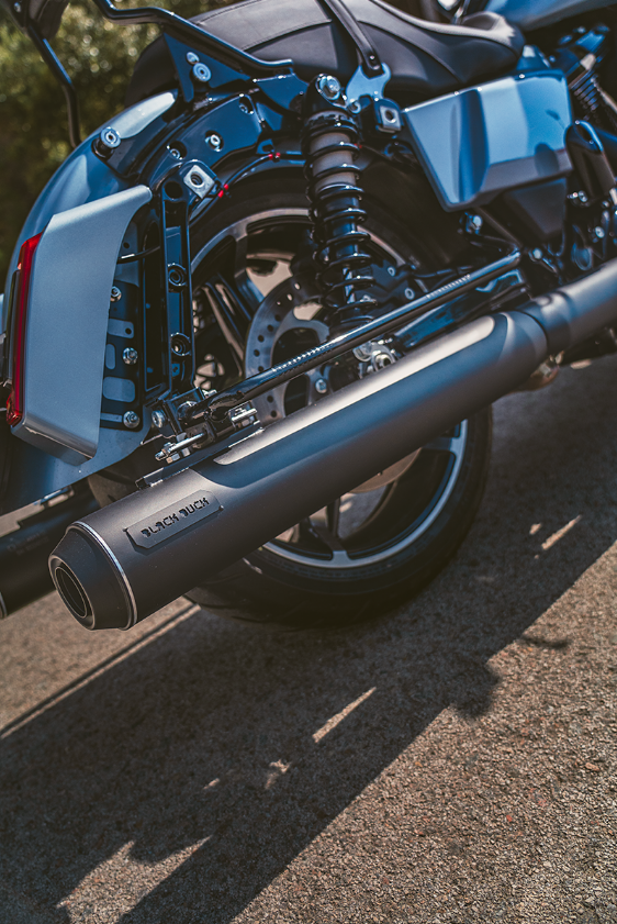 Harley Davidson Touring Bagger with Black Duck Bombardier Black exhaust in the mountains, CE approved and lifetime warranty